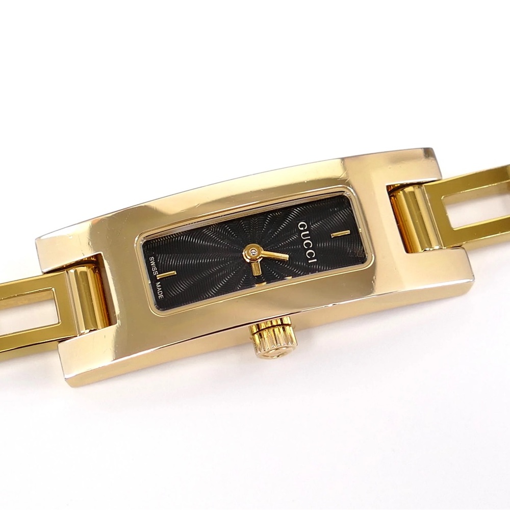 GUCCI 3900L Black Guilloche Dial Gold Bracelet Rectangular Watch